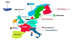 Principais logotipos de sites de vendas imobiliárias no mapa da Europa